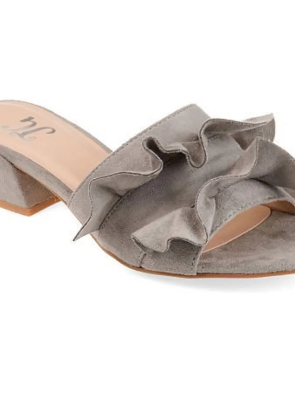 Journee Collection Sabica Gray Ruffle Slide Sandals Block Heel Women's Size 7.5